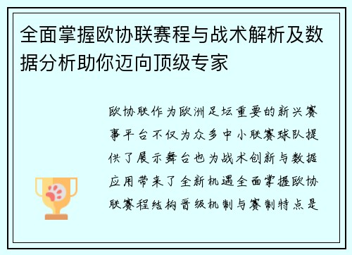 全面掌握欧协联赛程与战术解析及数据分析助你迈向顶级专家