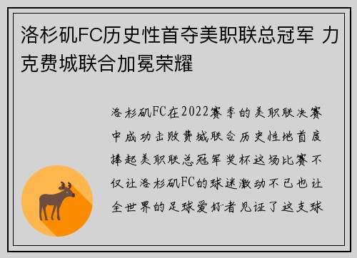 洛杉矶FC历史性首夺美职联总冠军 力克费城联合加冕荣耀