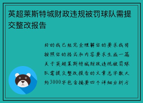 英超莱斯特城财政违规被罚球队需提交整改报告
